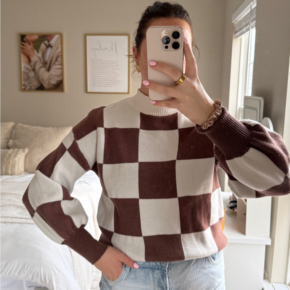 Brown and Cream Checkered Sweater